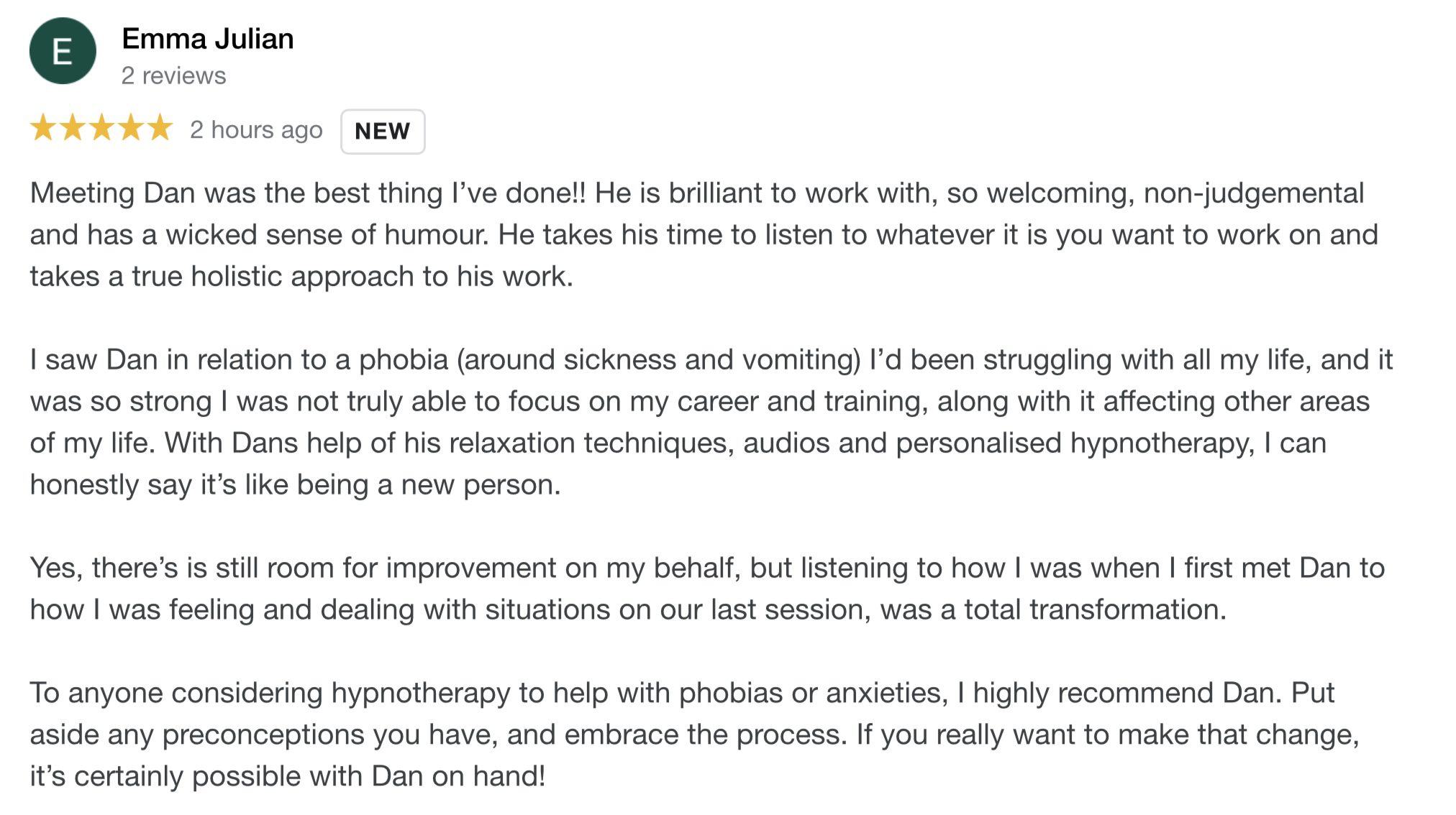 Sickness and vomiting phobia hypnotherapy review