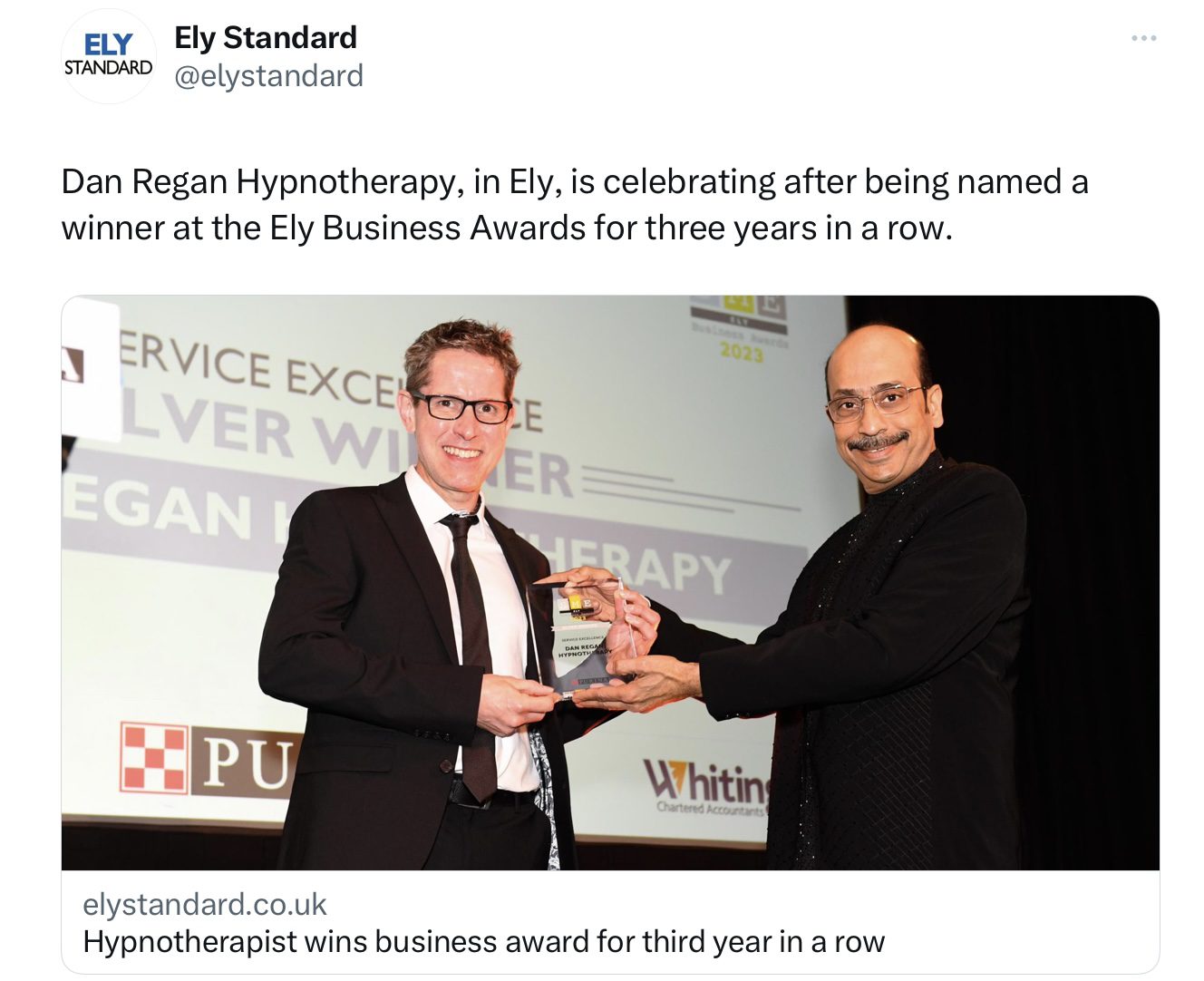 Hypnotherapy in Ely Business Award Winner -Ely standard