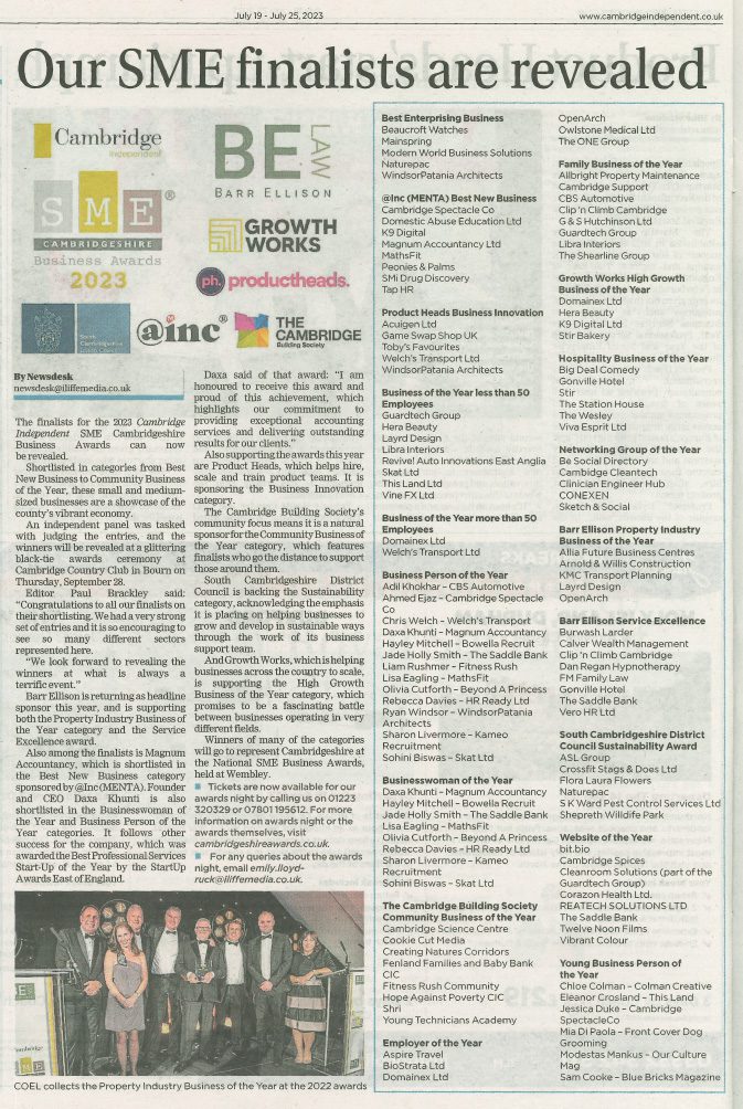 Cambridge Independent business awards - hypnotherapy in ely